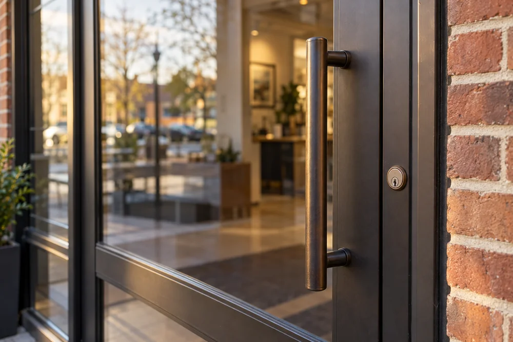 Lock hardware mounted in a glass business entrance